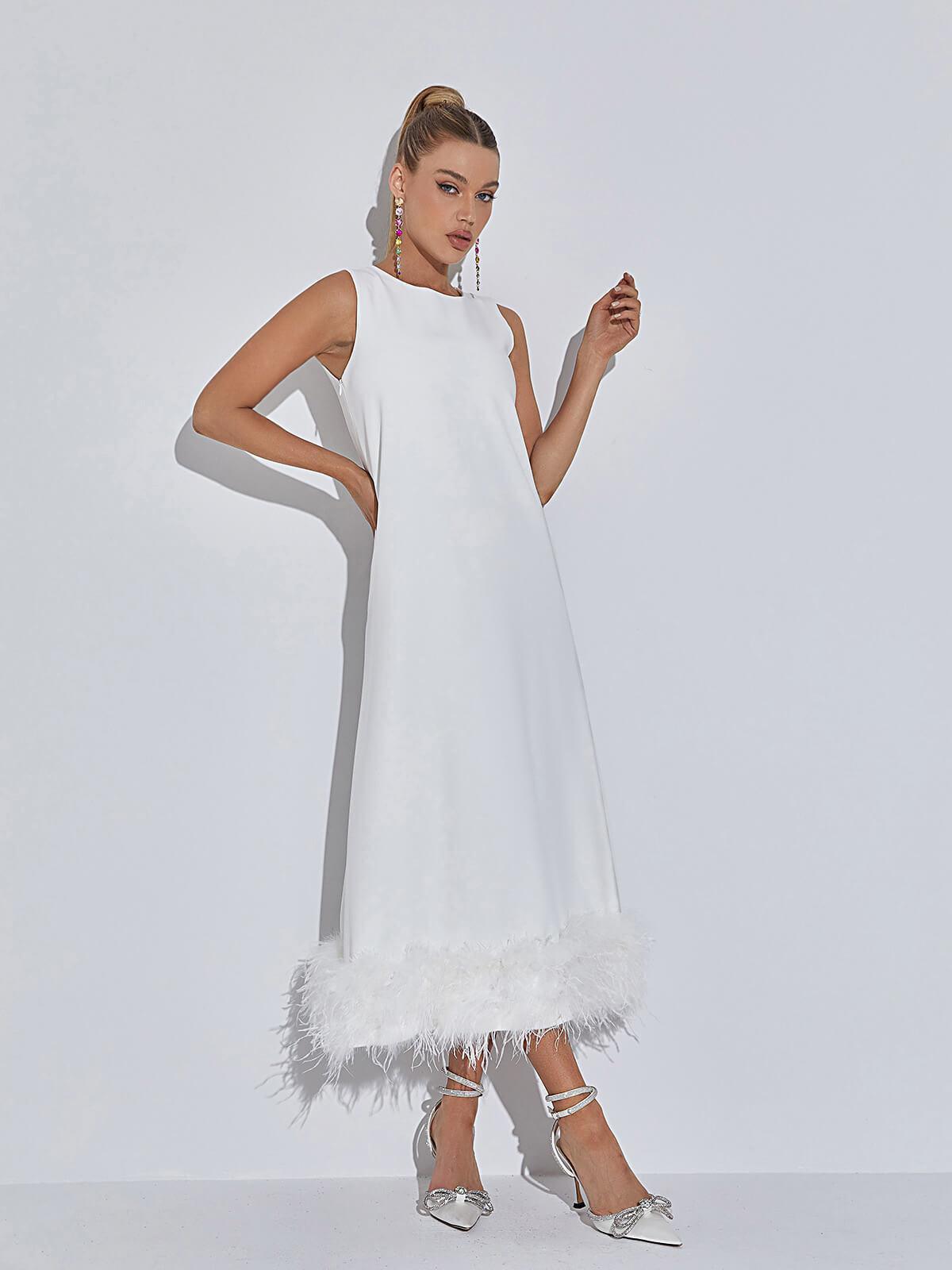 Round Neck Sleeveless Feather Trim Hem Shift Midi Dress