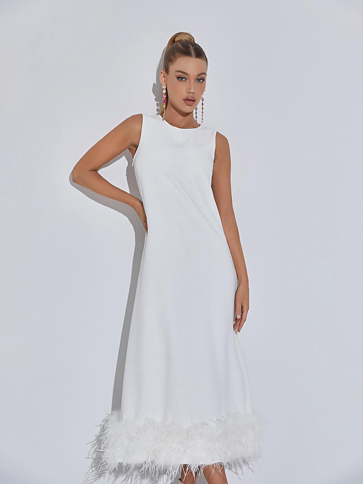 Round Neck Sleeveless Feather Trim Hem Shift Midi Dress