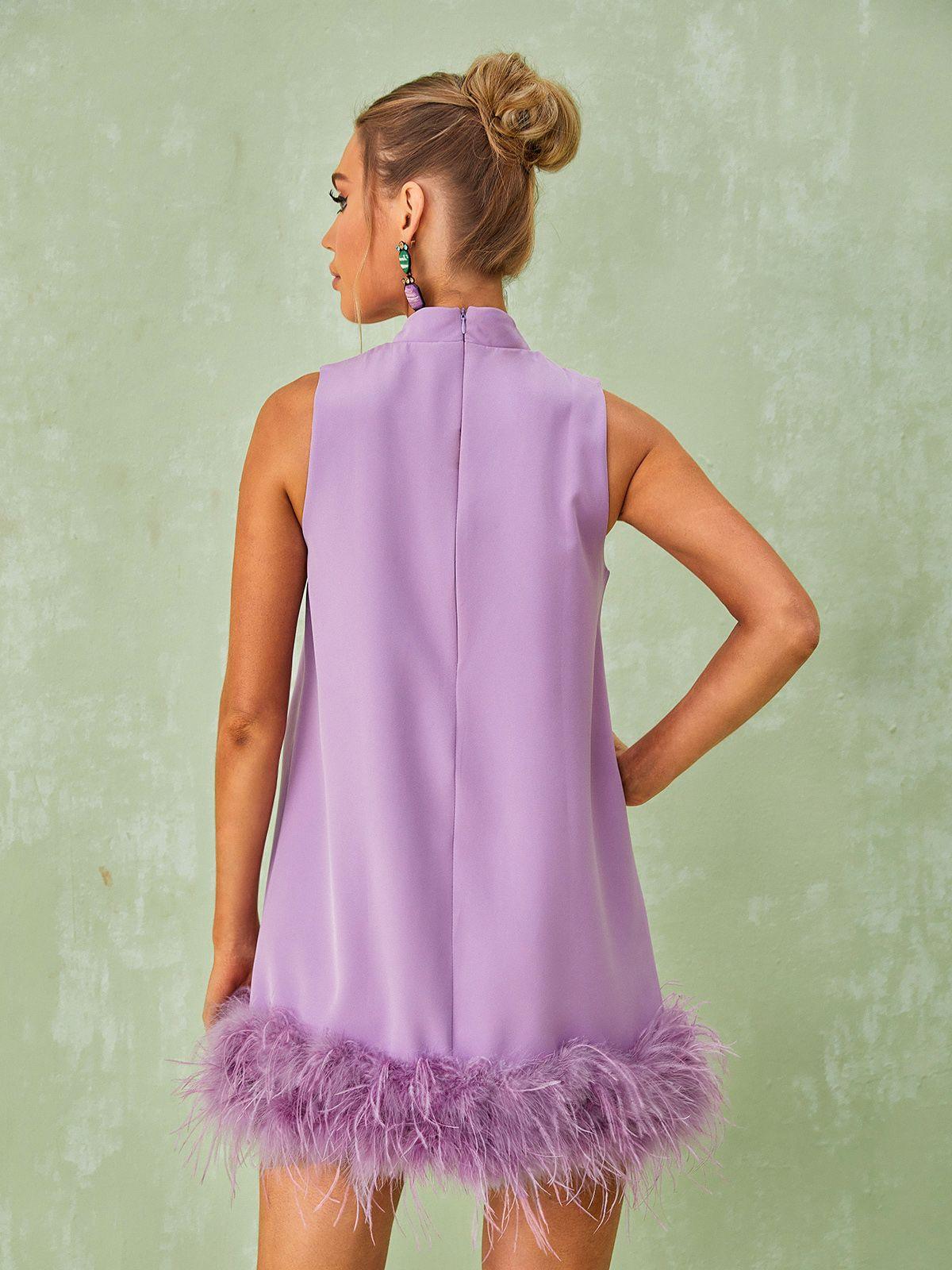 Nisha Feather Mini Dress In Lilac