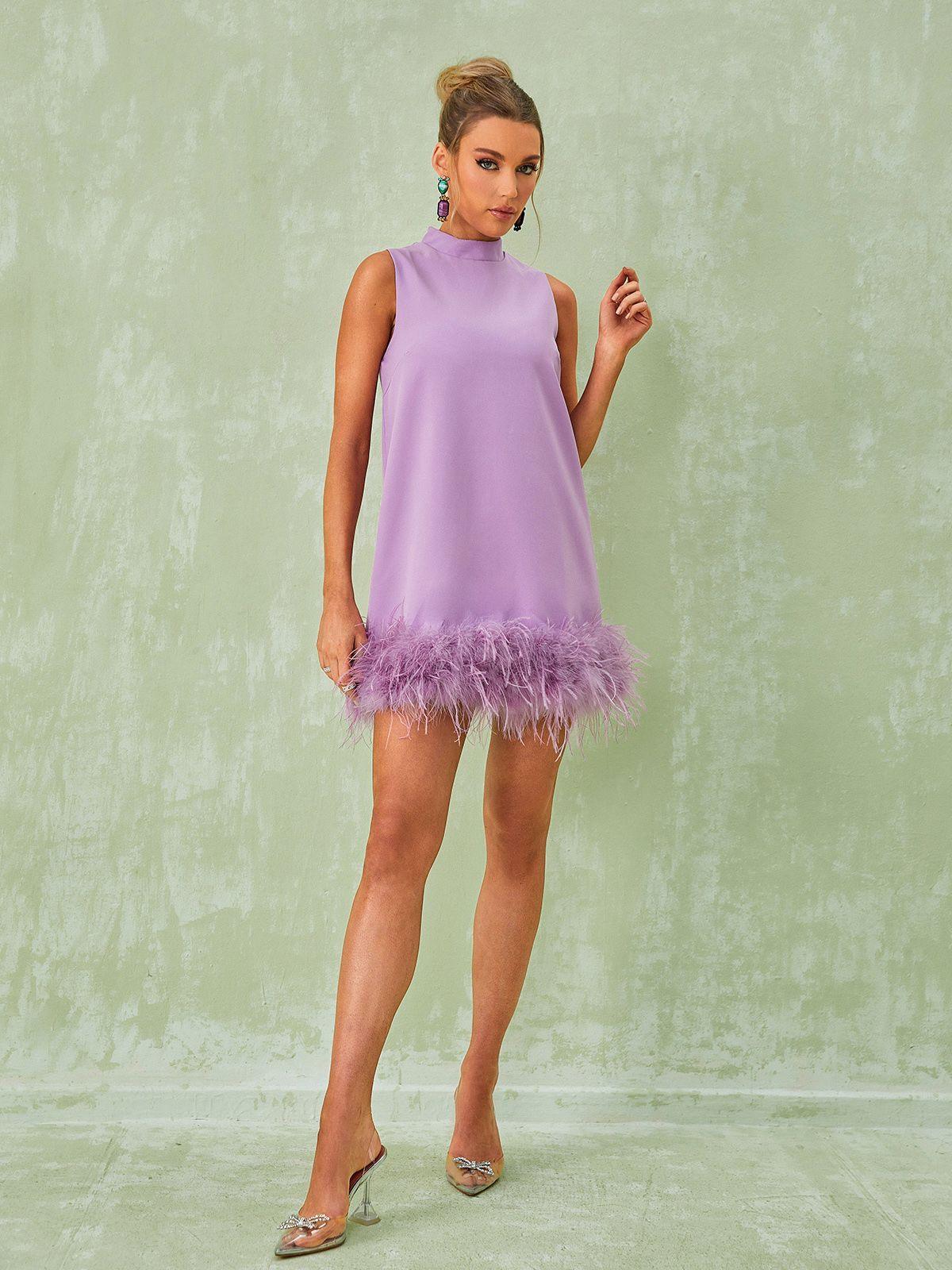 High Neck Sleeveless Feather Trim Hem Shift Mini Dress