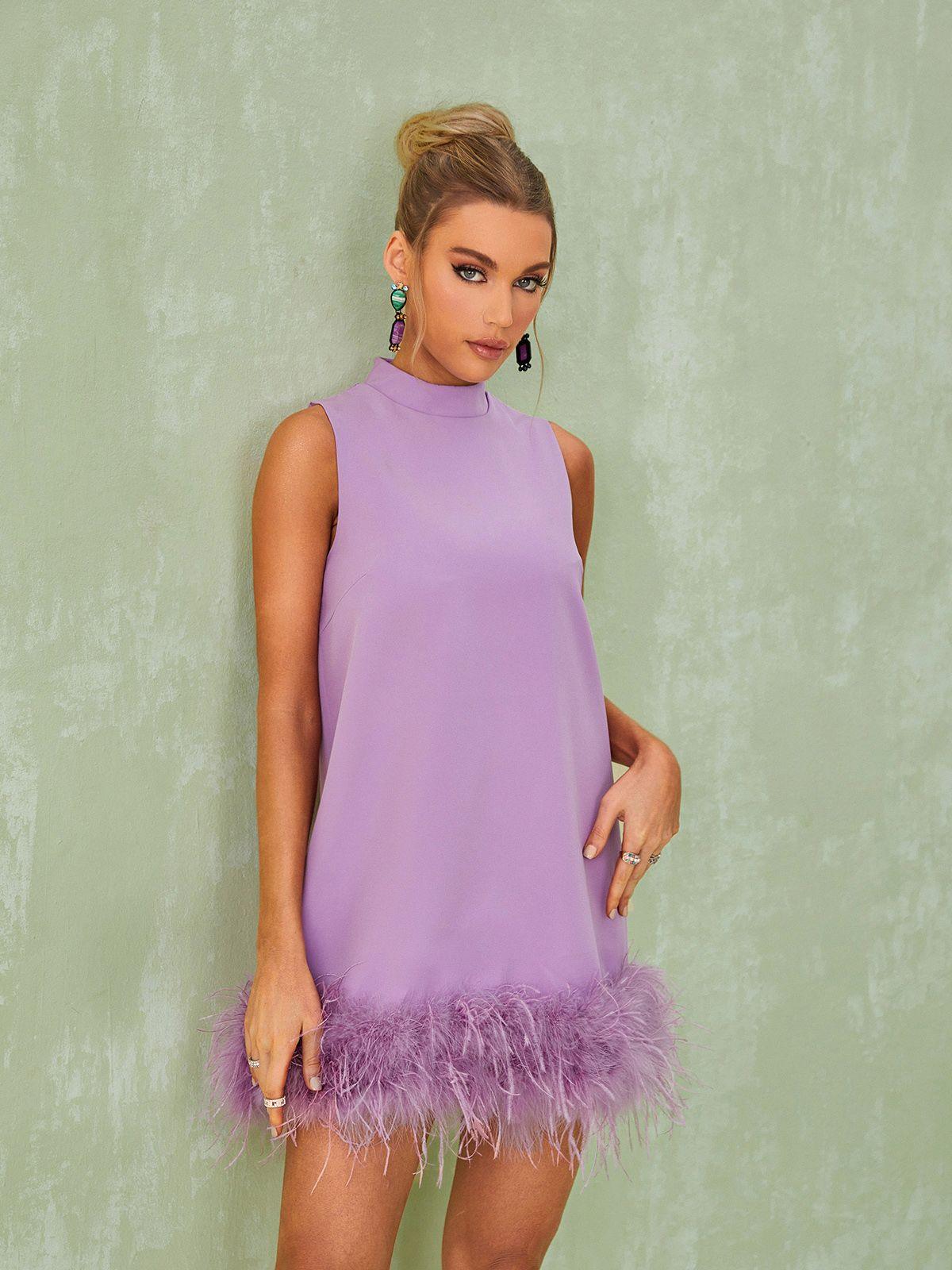 High Neck Sleeveless Feather Trim Hem Shift Mini Dress
