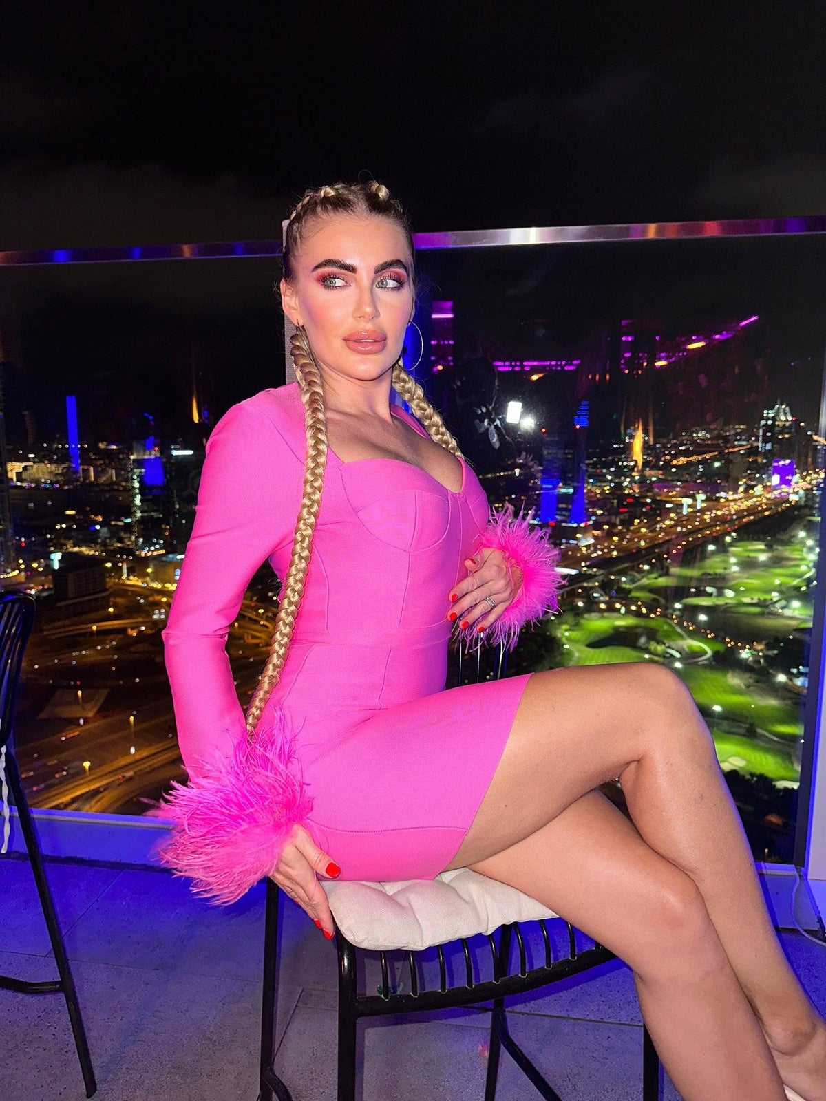 Sweetheart Long Sleeve Feather Cuff Corset Bandage Bodycon Mini Dress