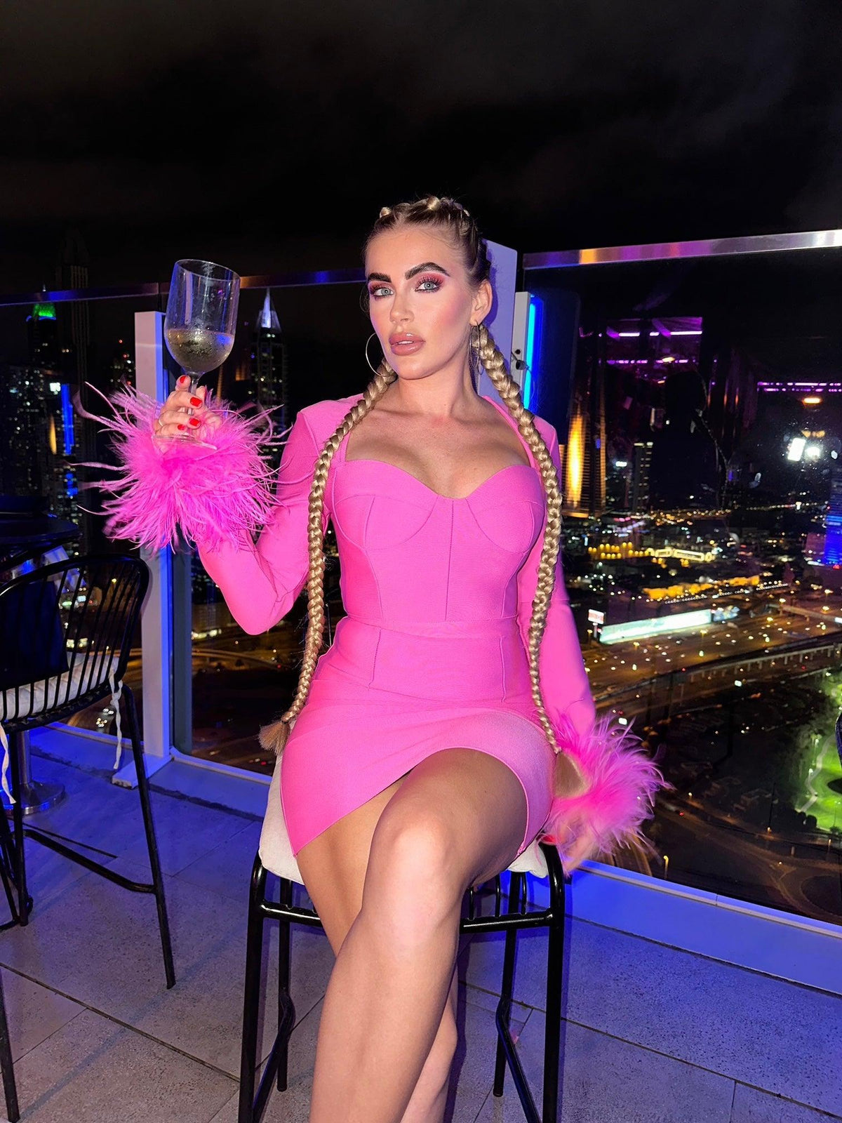 Sweetheart Long Sleeve Feather Cuff Corset Bandage Bodycon Mini Dress
