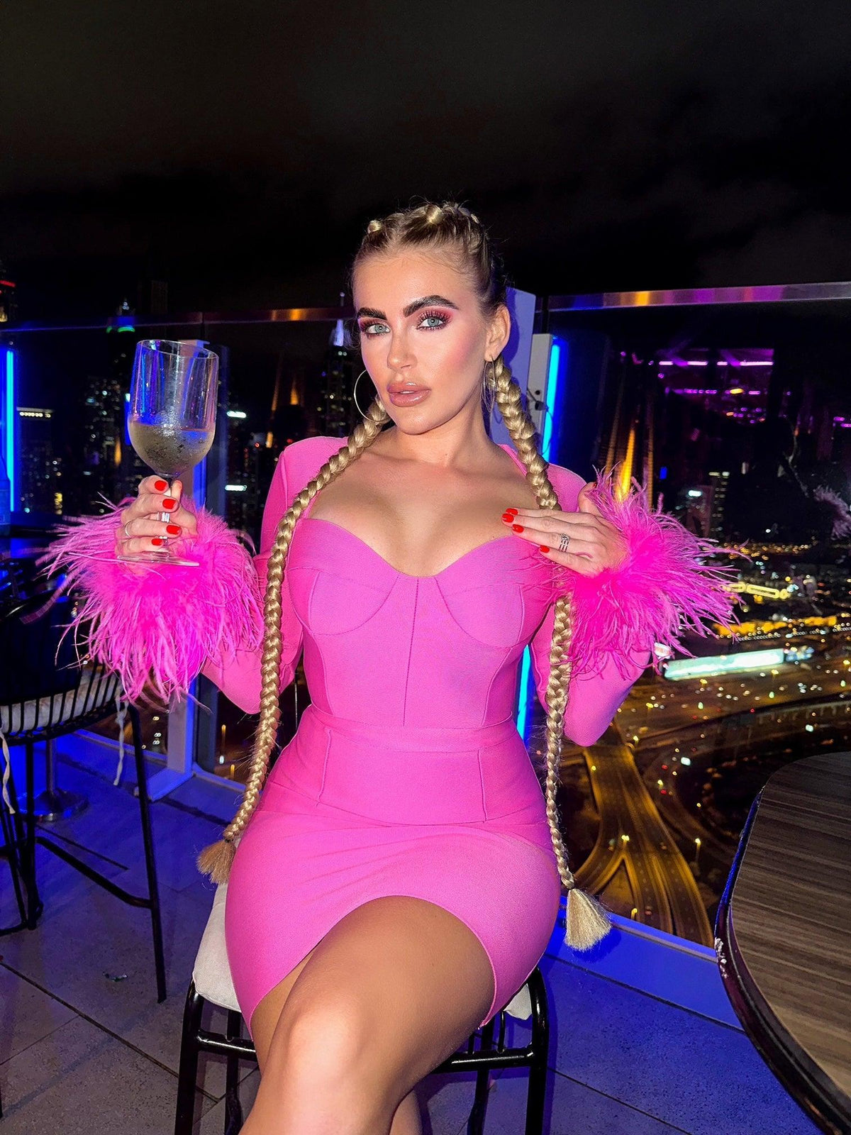 Sweetheart Long Sleeve Feather Cuff Corset Bandage Bodycon Mini Dress