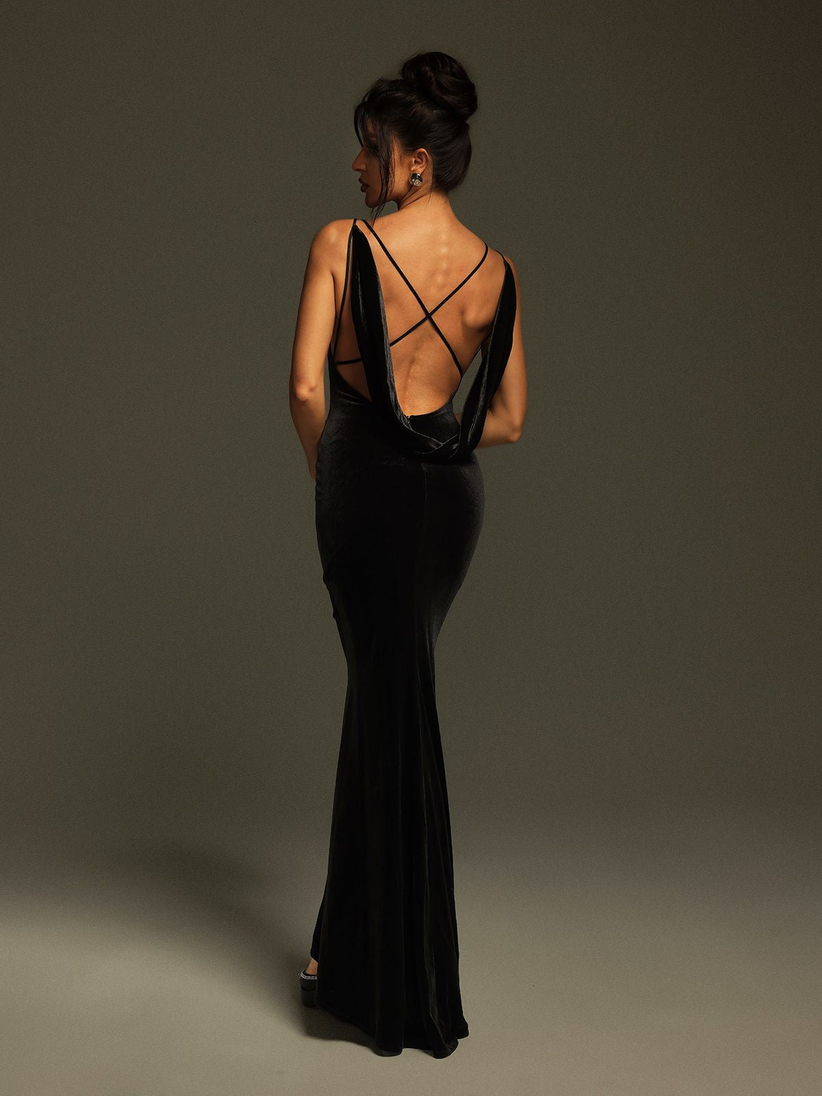 Plunge Neck Flower Velvet Maxi Dress