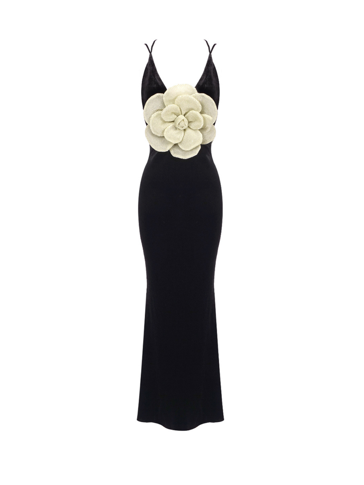 Plunge Neck Flower Velvet Maxi Dress