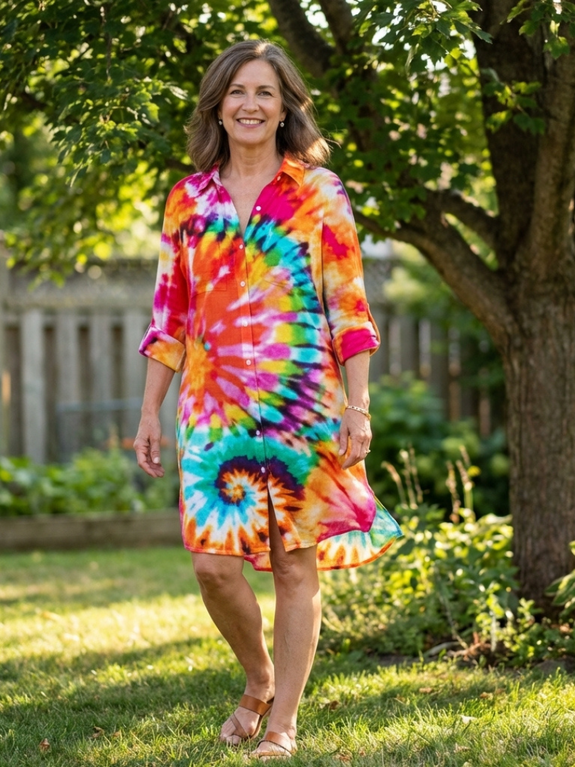 Collared Button-Front Tie-Dye Long Sleeve Shirt Dress
