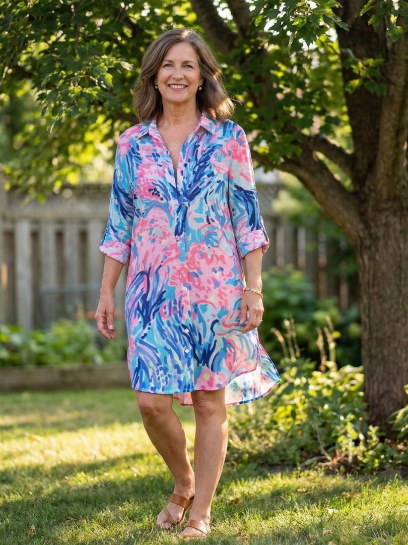 Collared Button-Front Tie-Dye Long Sleeve Shirt Dress 3