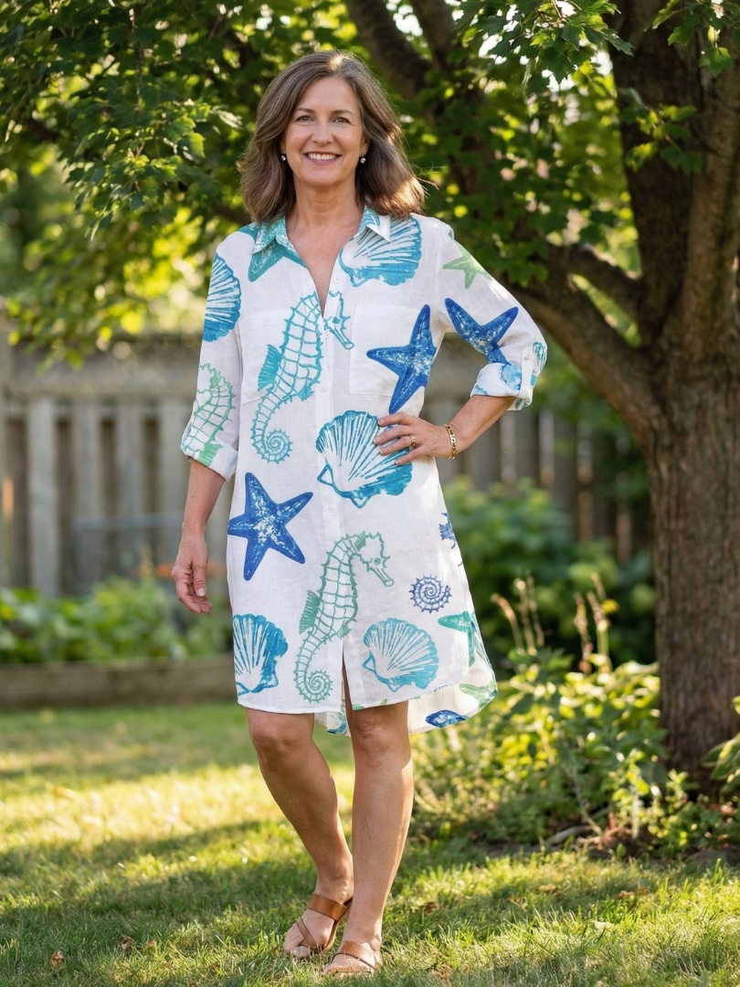 Collared Button-Front Tie-Dye Long Sleeve Shirt Dress 2