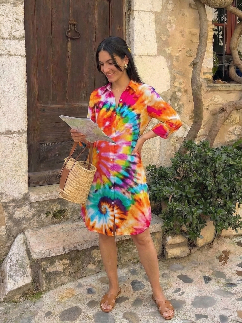 Collared Button-Front Tie-Dye Long Sleeve Shirt Dress 4