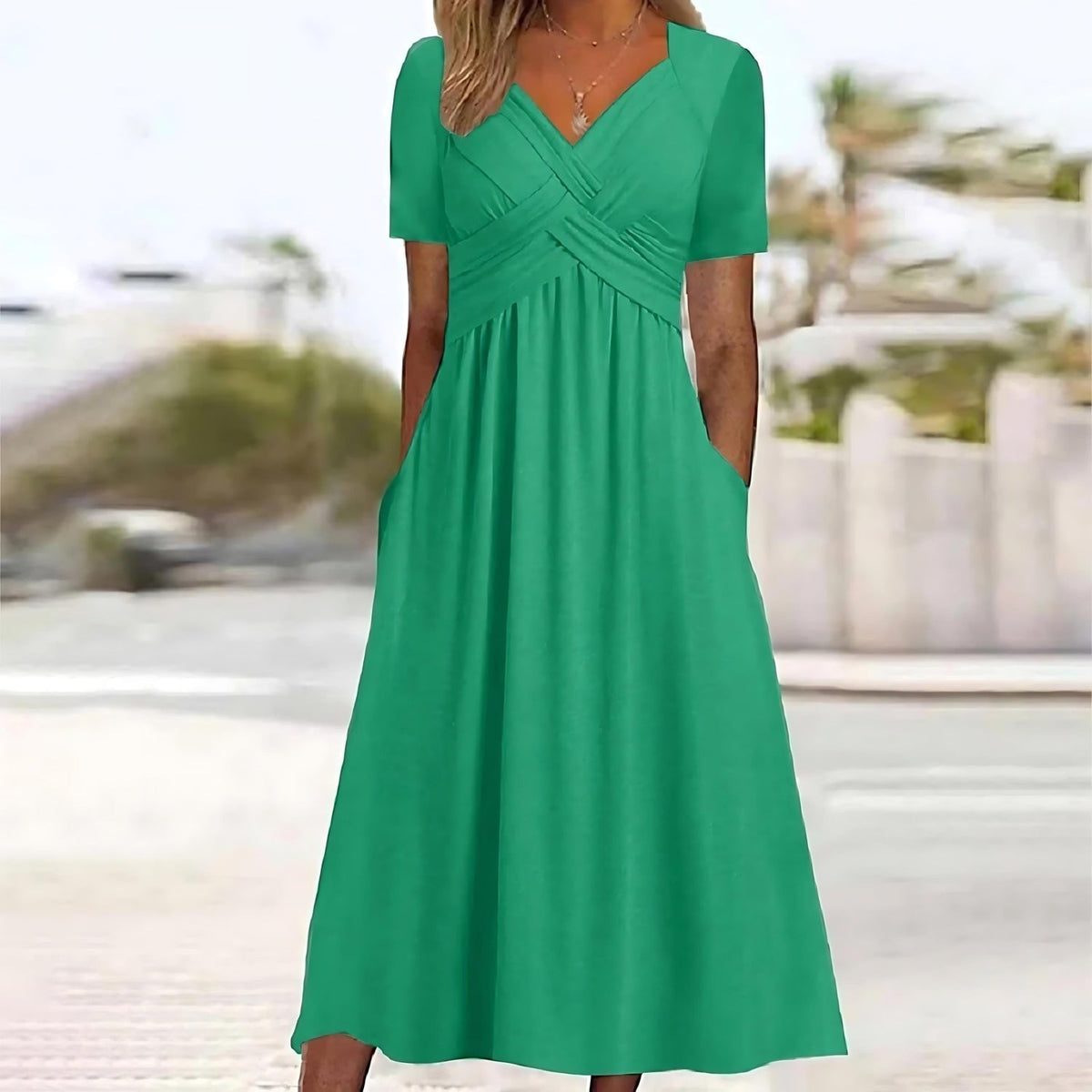 Sweetheart Neck Crossover Pleated Short Sleeve A-Line Midi Dress
