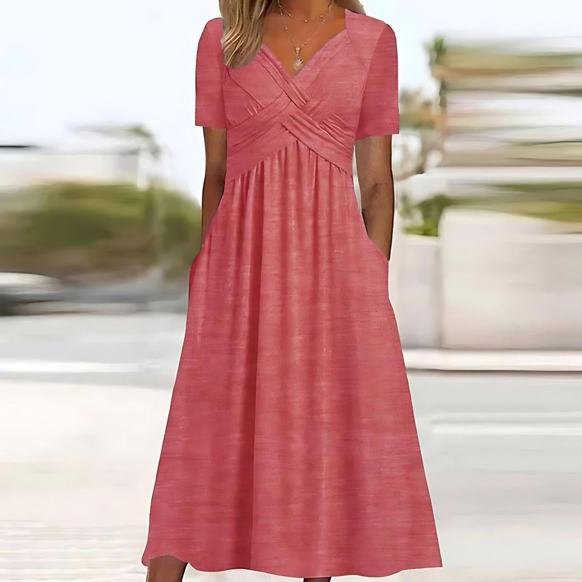 Sweetheart Neck Crossover Pleated Short Sleeve A-Line Midi Dress 4