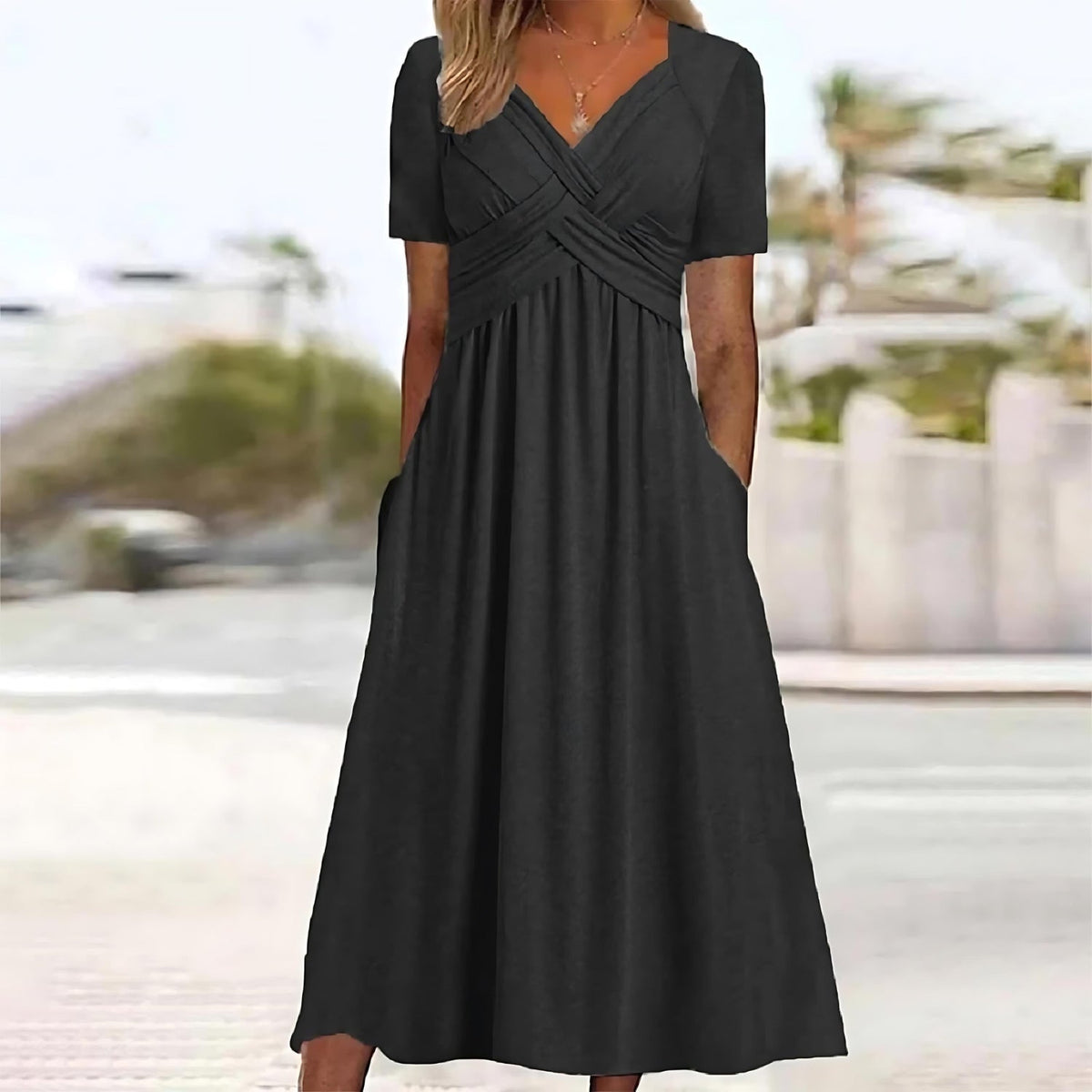 Sweetheart Neck Crossover Pleated Short Sleeve A-Line Midi Dress 2