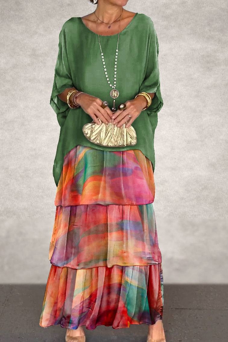 Green Orange Round Neck Dolman Sleeve Tiered Watercolor Ruffle Maxi Dress