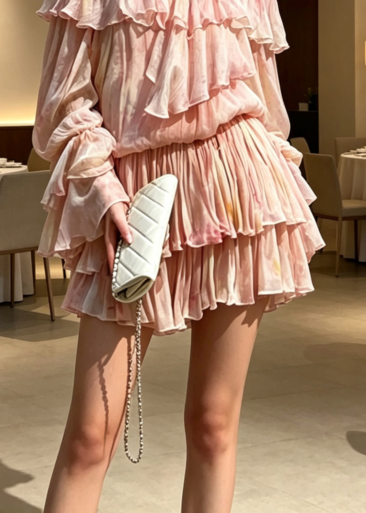 Novelty Pink Ruffled Patchwork Cold Shoulder Chiffon Mid Dress Long Sleeve