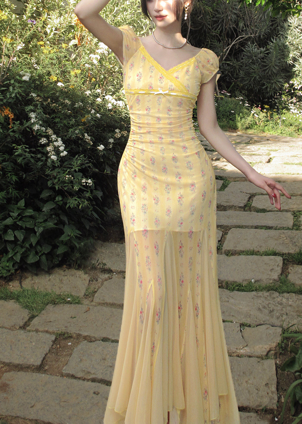 Novelty Yellow V Neck Print Long Dresses Short Sleeve