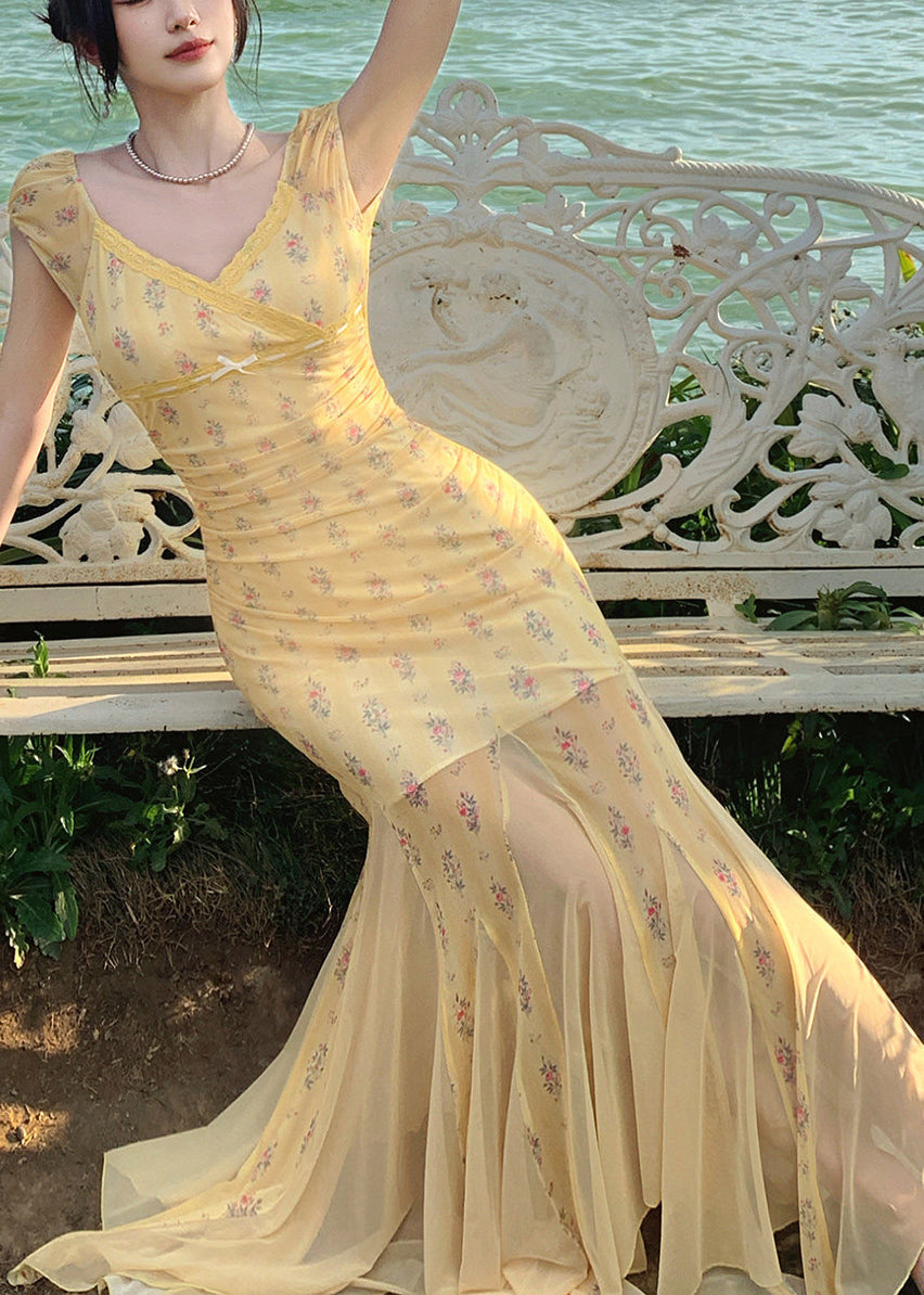 Novelty Yellow V Neck Print Long Dresses Short Sleeve