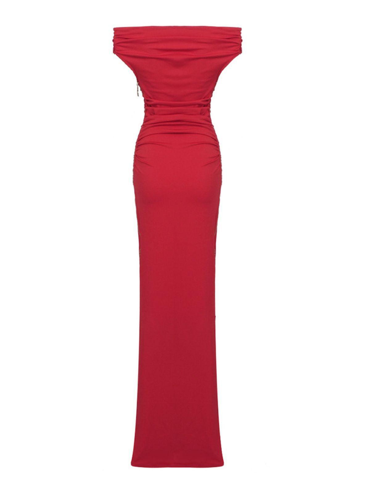 Off-Shoulder Ruched Zip High Slit Satin Mermaid Maxi Dress 8