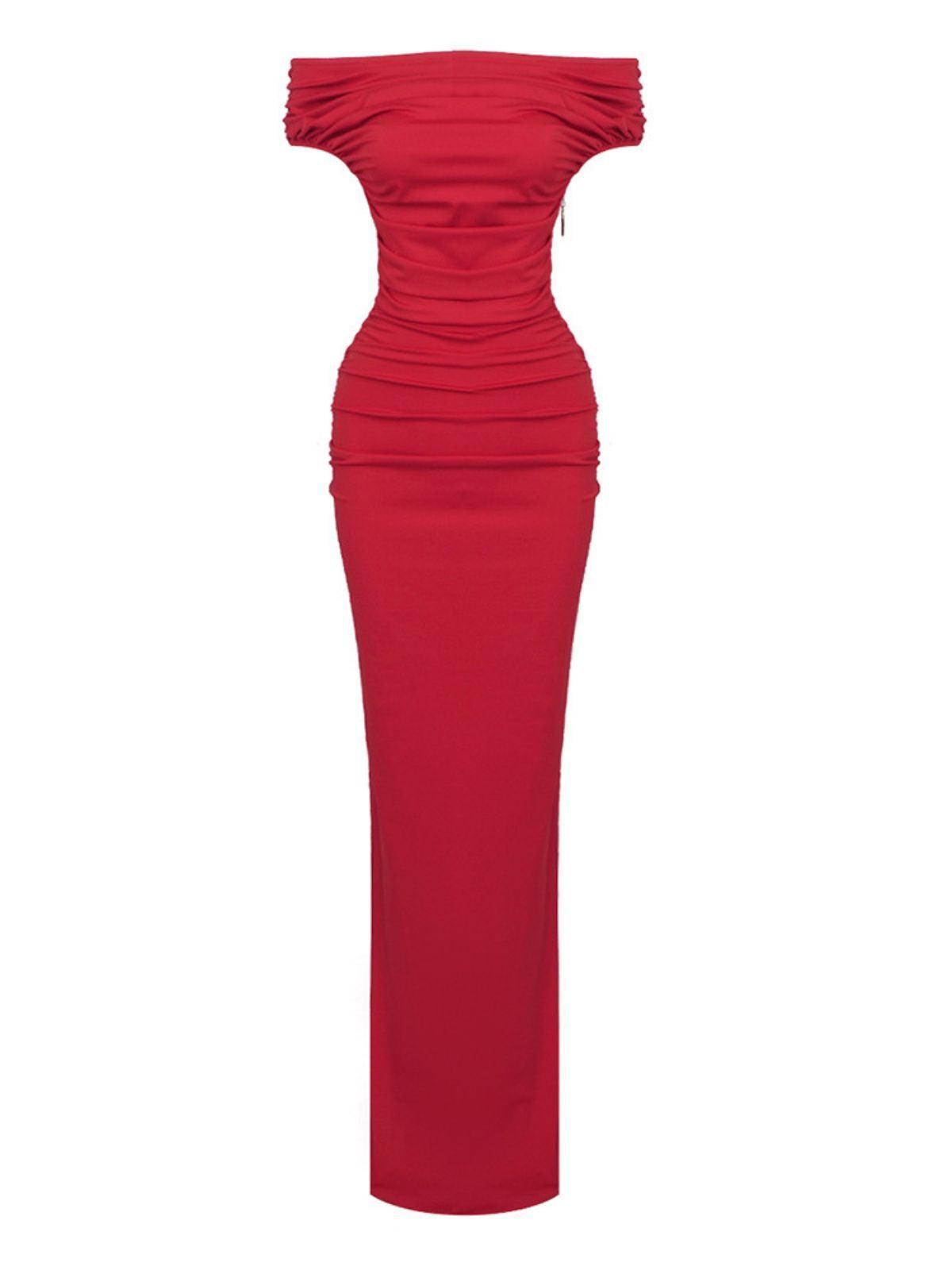 Off-Shoulder Ruched Zip High Slit Satin Mermaid Maxi Dress 6