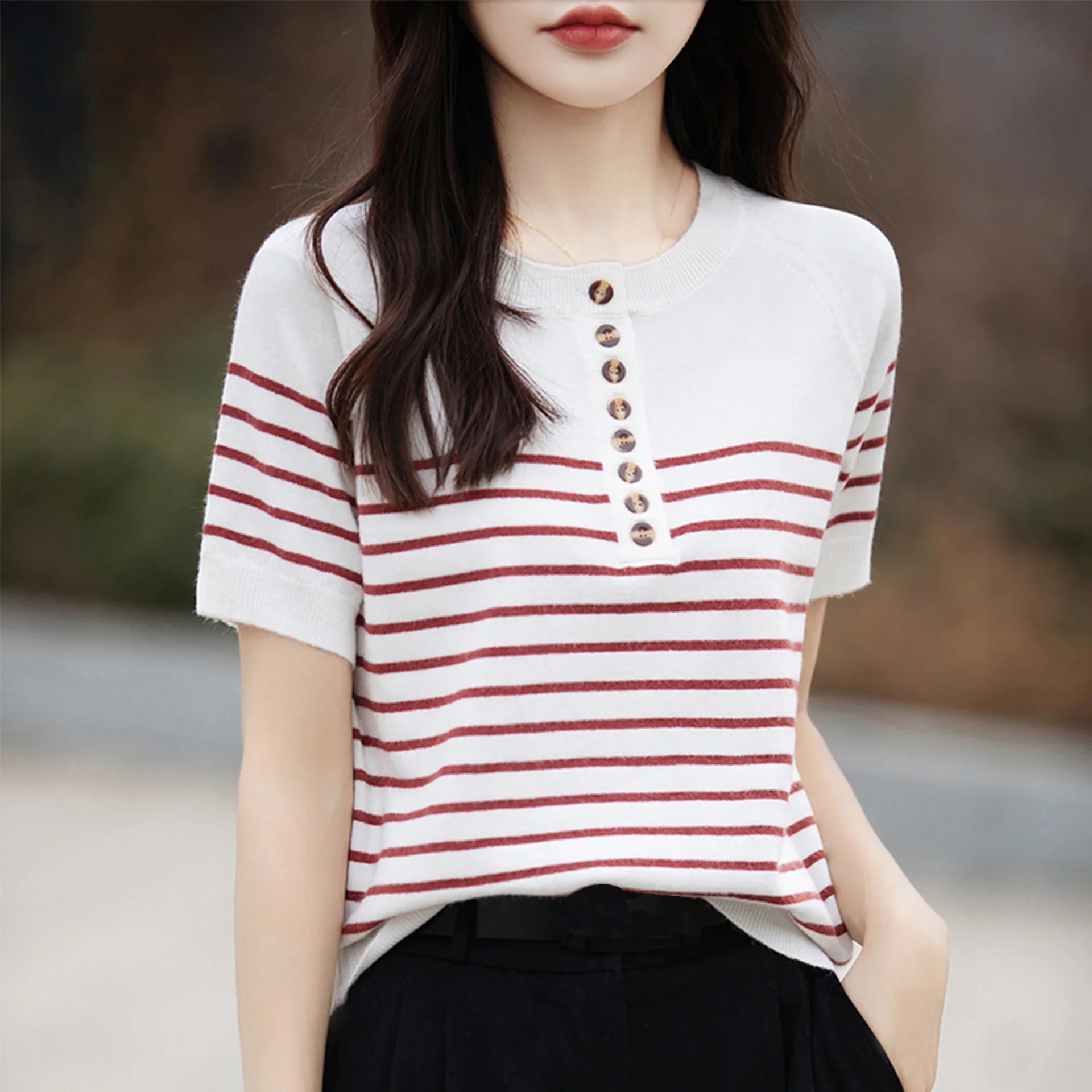 ONeck Stripe Summer Short Thin Casual Fashion Knit Sweater