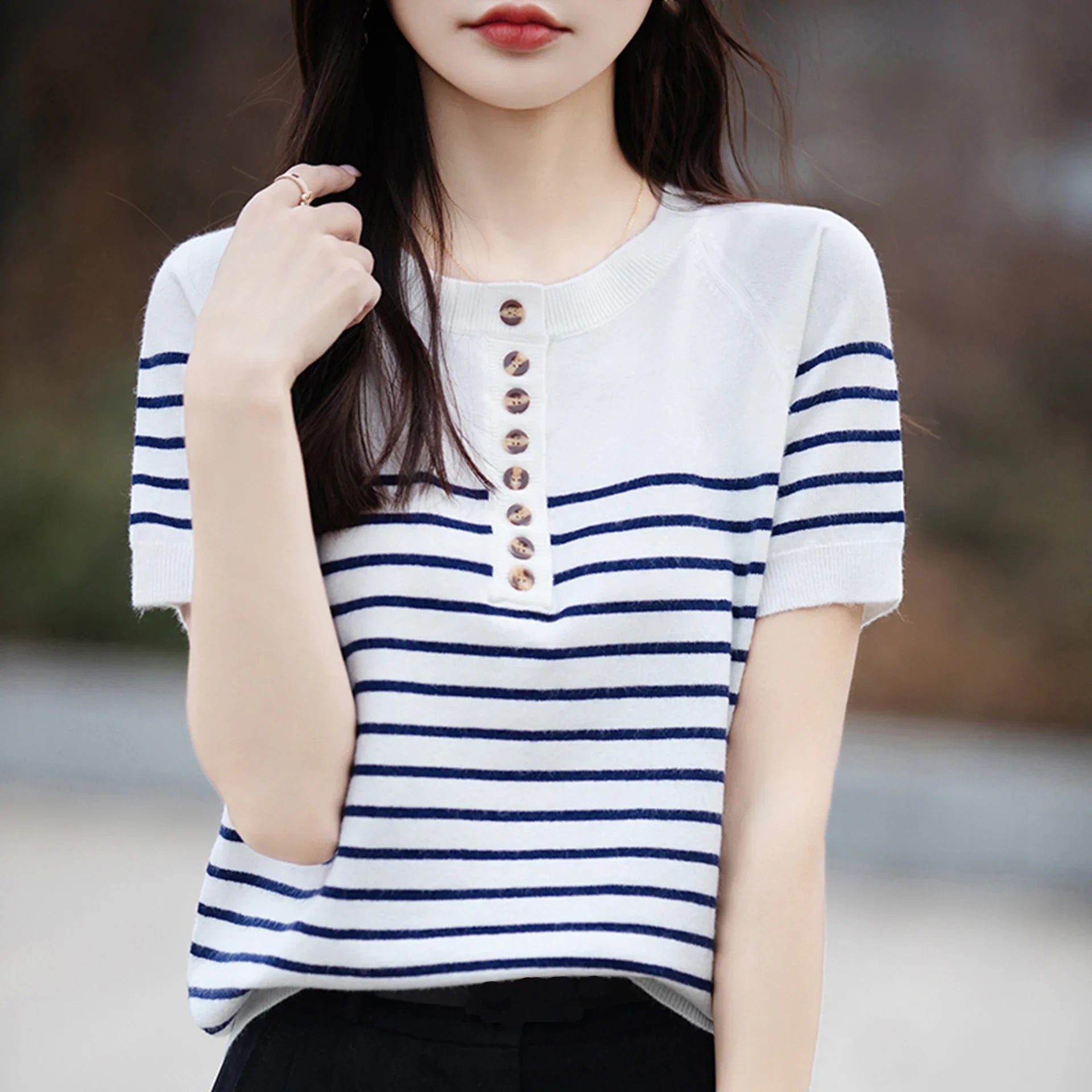 ONeck Stripe Summer Short Thin Casual Fashion Knit Sweater