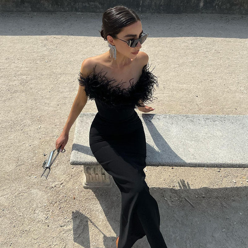 Tube Top Dress V - neck Woolen Fishtail Swing Dress