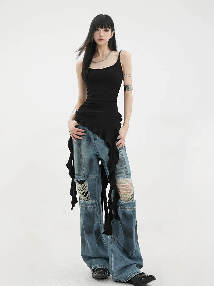 Black Asymmetric Ribbon Strap Tank Top With Ruffle Edge Design