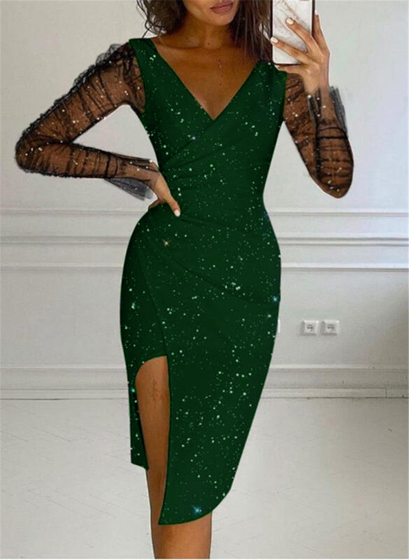 Ofelia Effortless Women's Evening Dress with Transparent Sleeves and Glittering Star Motif Designer Edit