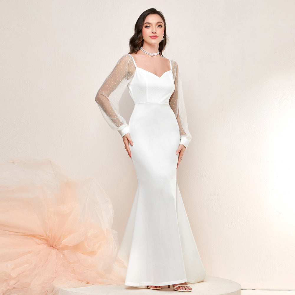 French Elegant Mesh Stitching Sleeves Fishtail Dress Gift