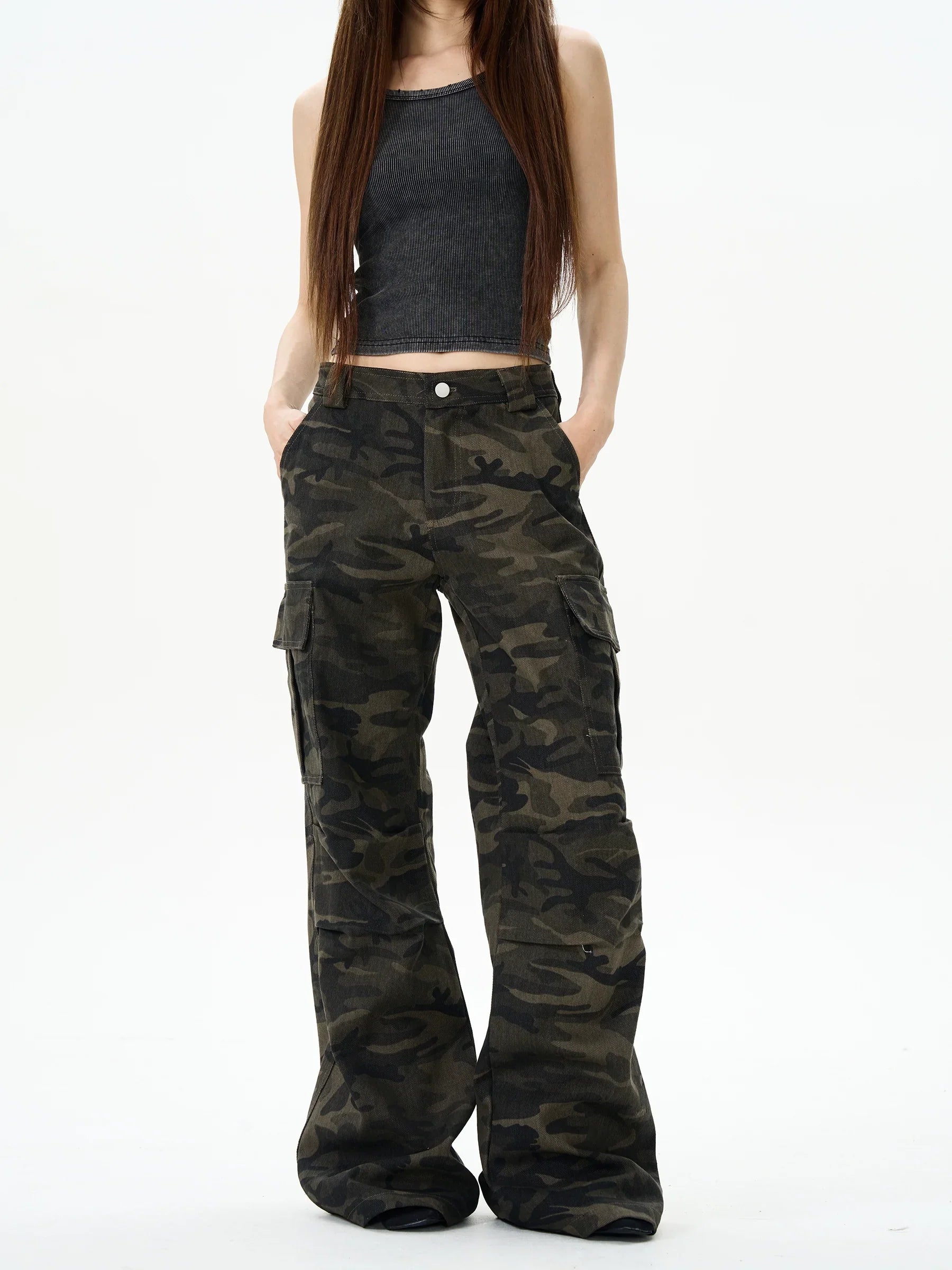 Camo Print Wide-Leg Multi-Pocket Cargo Pants