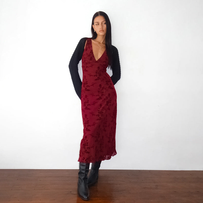 Fashionable Printed Vest V neck Dress Slim Fit Waist Slimming Maxi