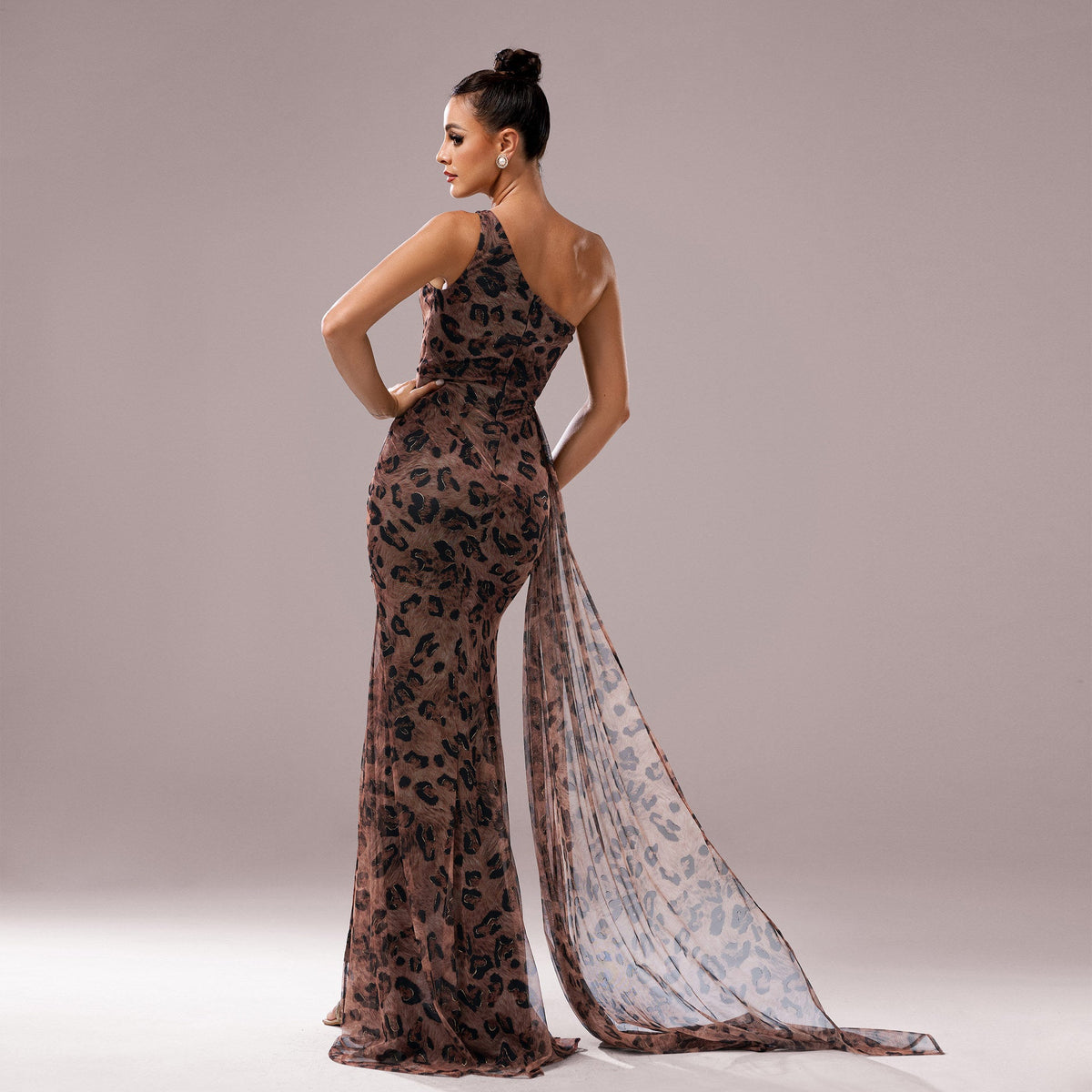 Animal One Shoulder Leopard Ruched Flower Applique High Slit Mermaid Maxi Dress