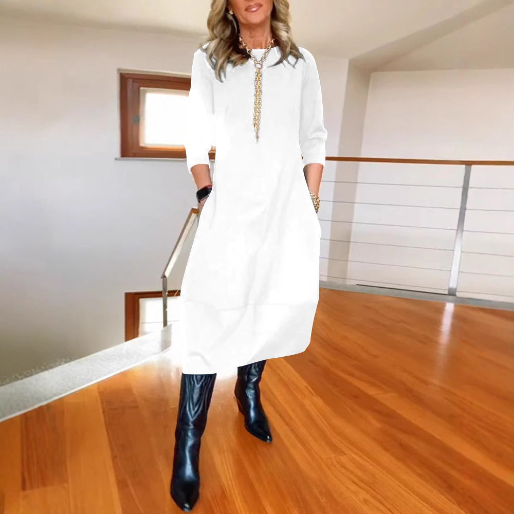 Round Neck Three Quarter Sleeve Pocket Cocoon Midi Dress