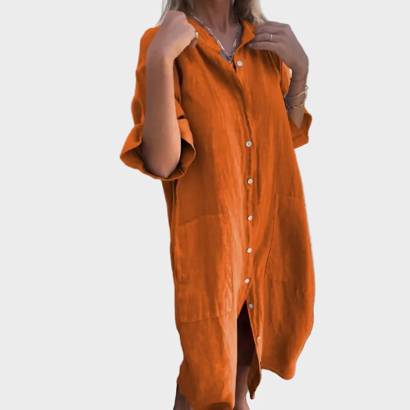 Collared Button Front Half Sleeve Pocket Midi Shirt Dress 8