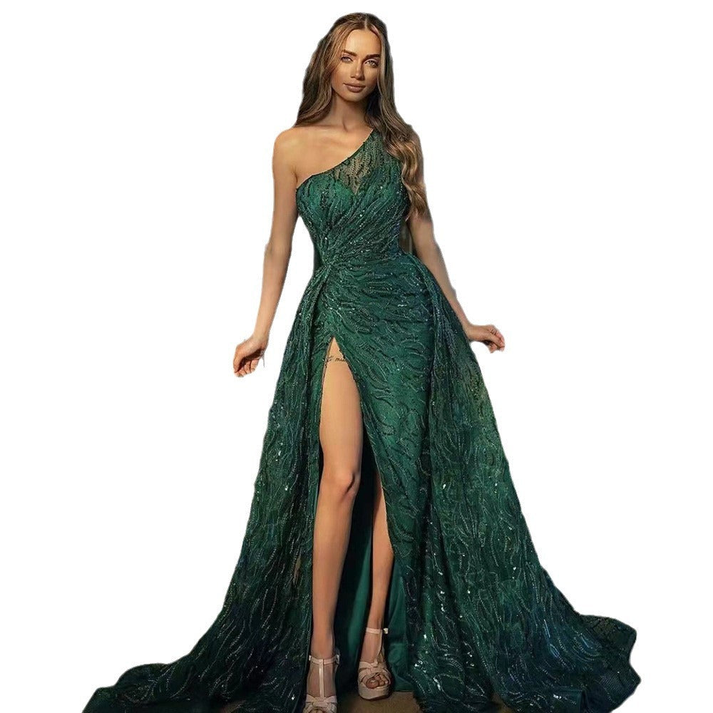 One-Shoulder Sequin High Slit A-Line Maxi Gown 7