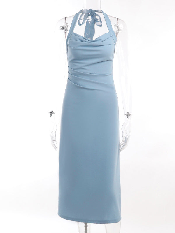 Black Halter Midi Dress With Semi Flare M / Blue Black Halter Party Dress