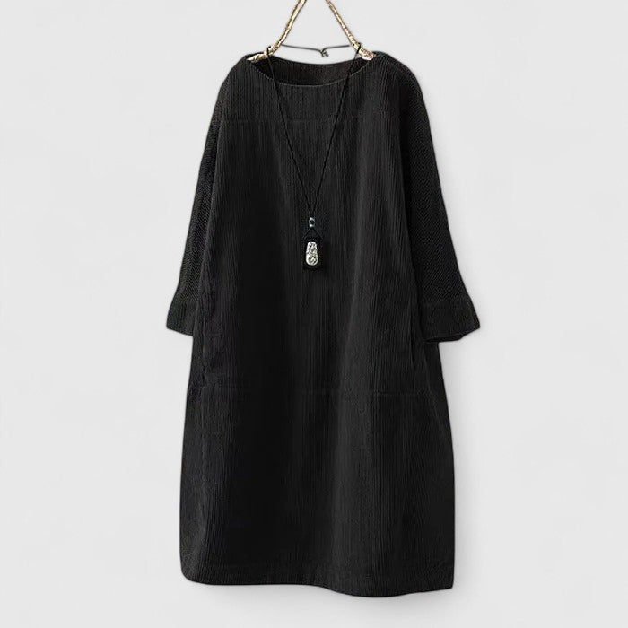 Round Neck Corduroy Long Sleeve Pocket Shift Midi Dress
