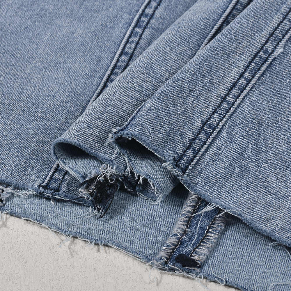 Light Blue Strapless Denim Corset Seam Raw Hem Bodycon Mini Dress