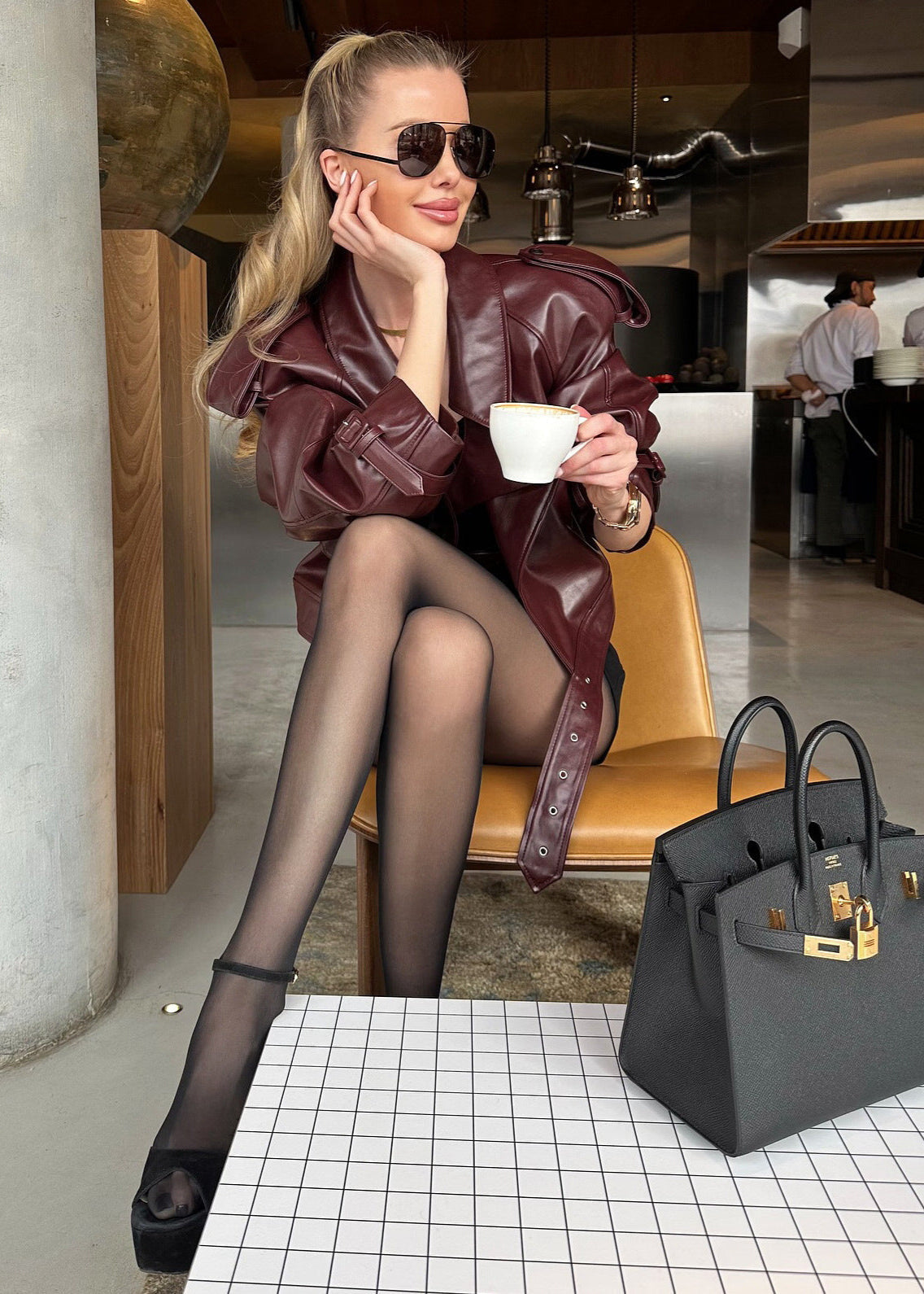 Valencia Jacket �Cropped Faux Leather Belted Moto in Wine Red