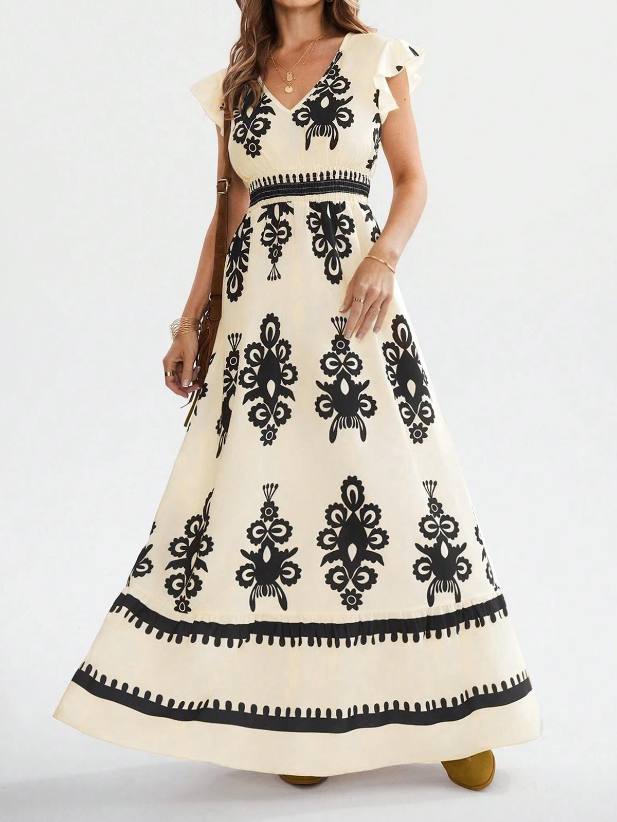 V-Neck Baroque Print Flutter Sleeve Smocked Waist Ruffle Maxi Dress 8