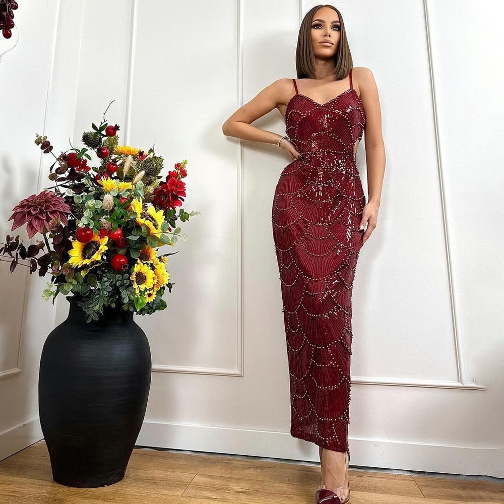 Spaghetti Strap Pearl Beaded Scallop Cutout Bodycon Midi Dress 4