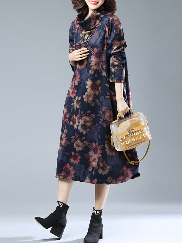 Navy Blue Turtleneck Floral Print Long Sleeve Loose Midi Dress 4