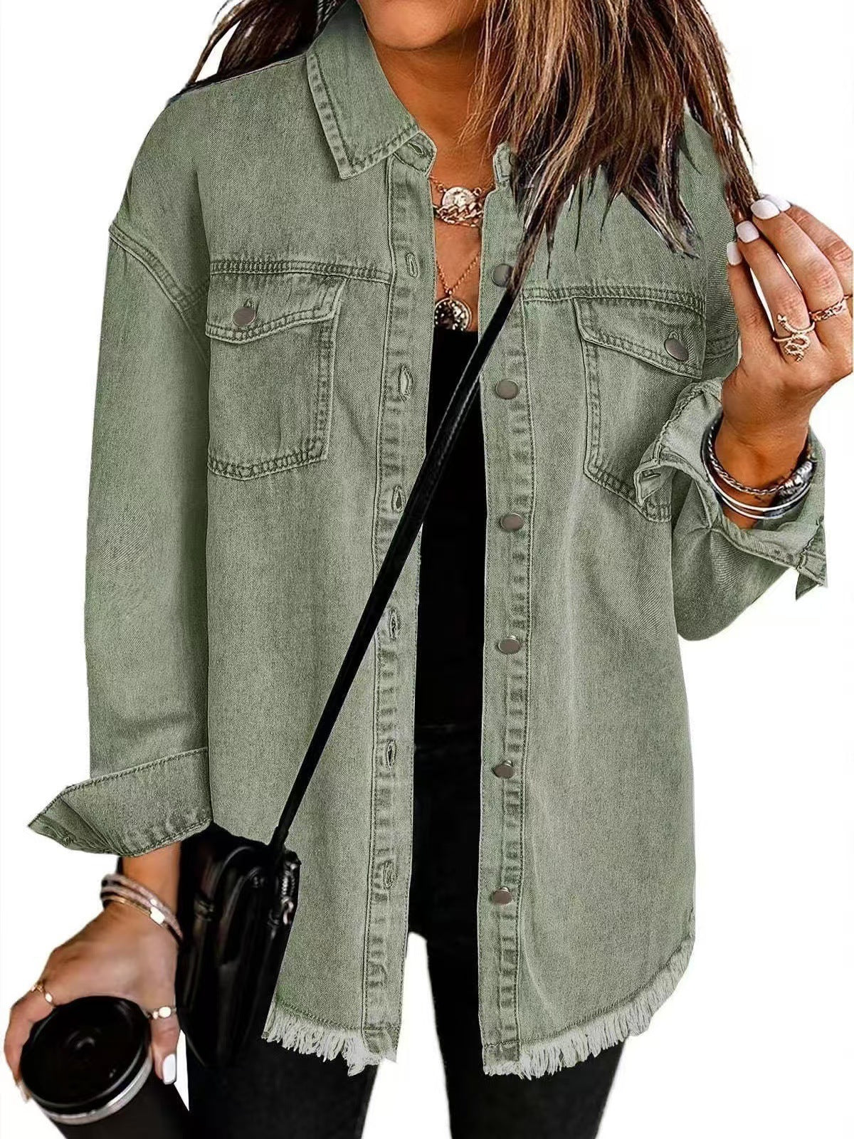 Collared Button-Front Frayed Hem Oversized Denim Jacket