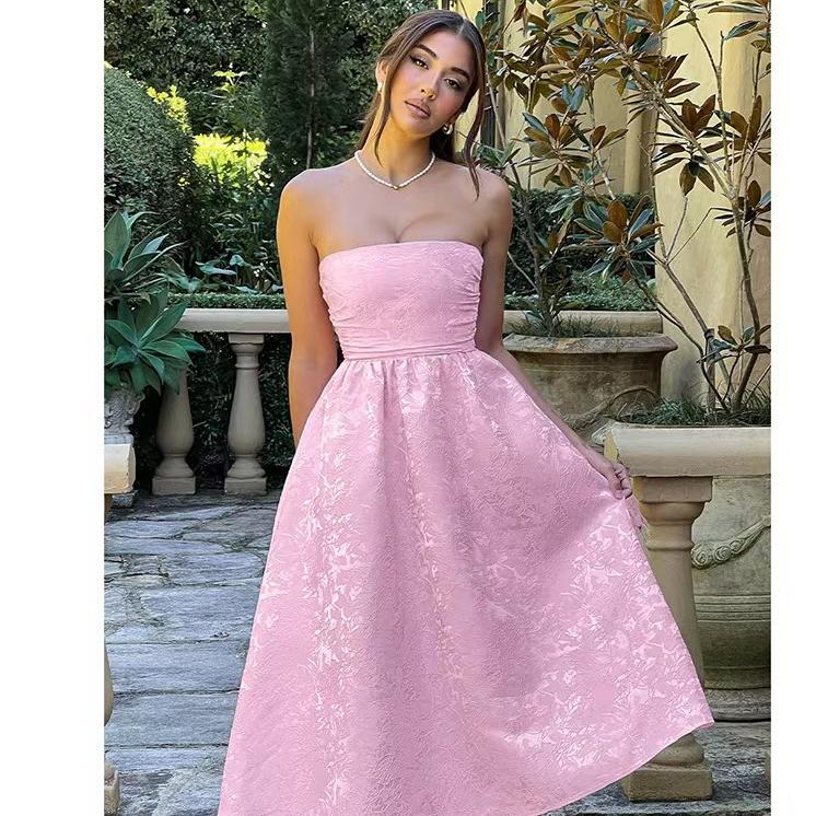 Strapless Jacquard Ruched Waist A-Line Midi Dress