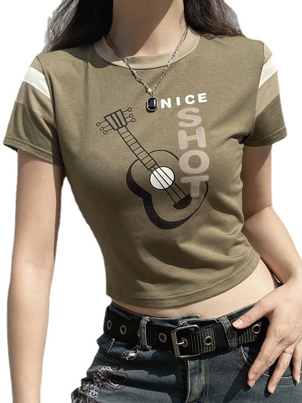 Guitar Print Crew Neck Top