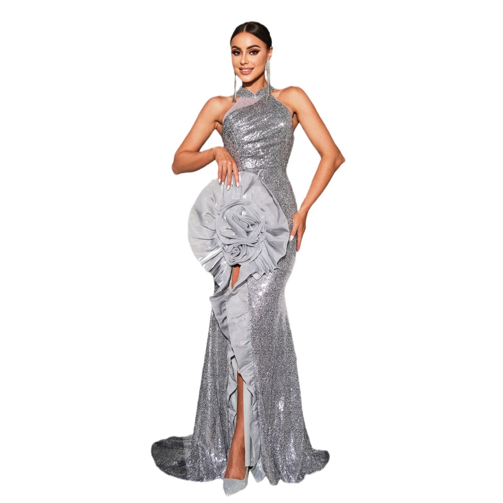 Silver Halter Neck Sequin Rosette Ruffle High Slit Mermaid Gown 6