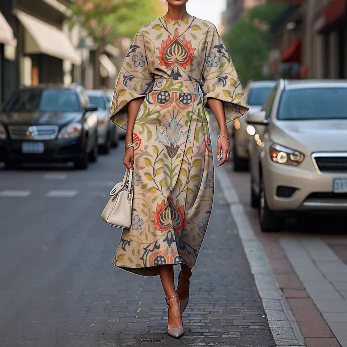 Round Neck Flare Sleeve Abstract Stripe Print A-Line Midi Dress