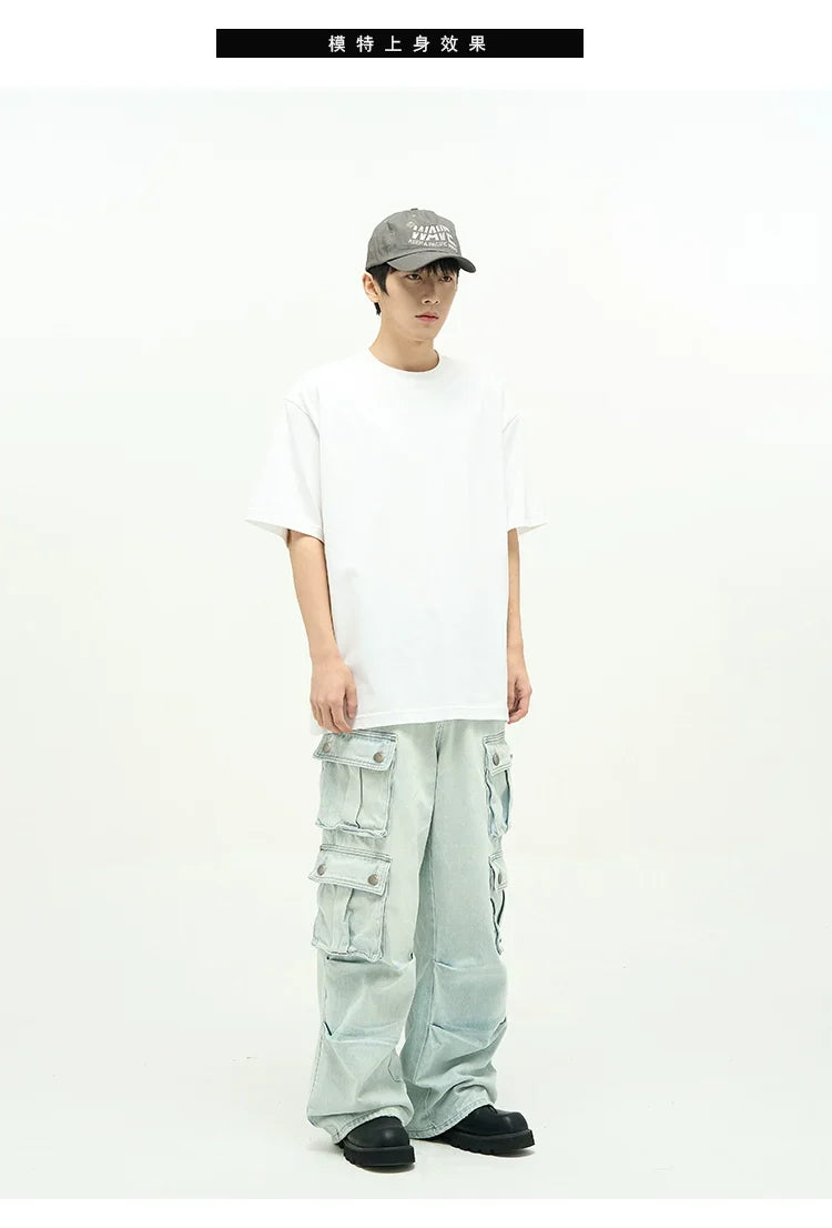 Light Wash Baggy Cargo Jeans with Multiple Flap Pockets