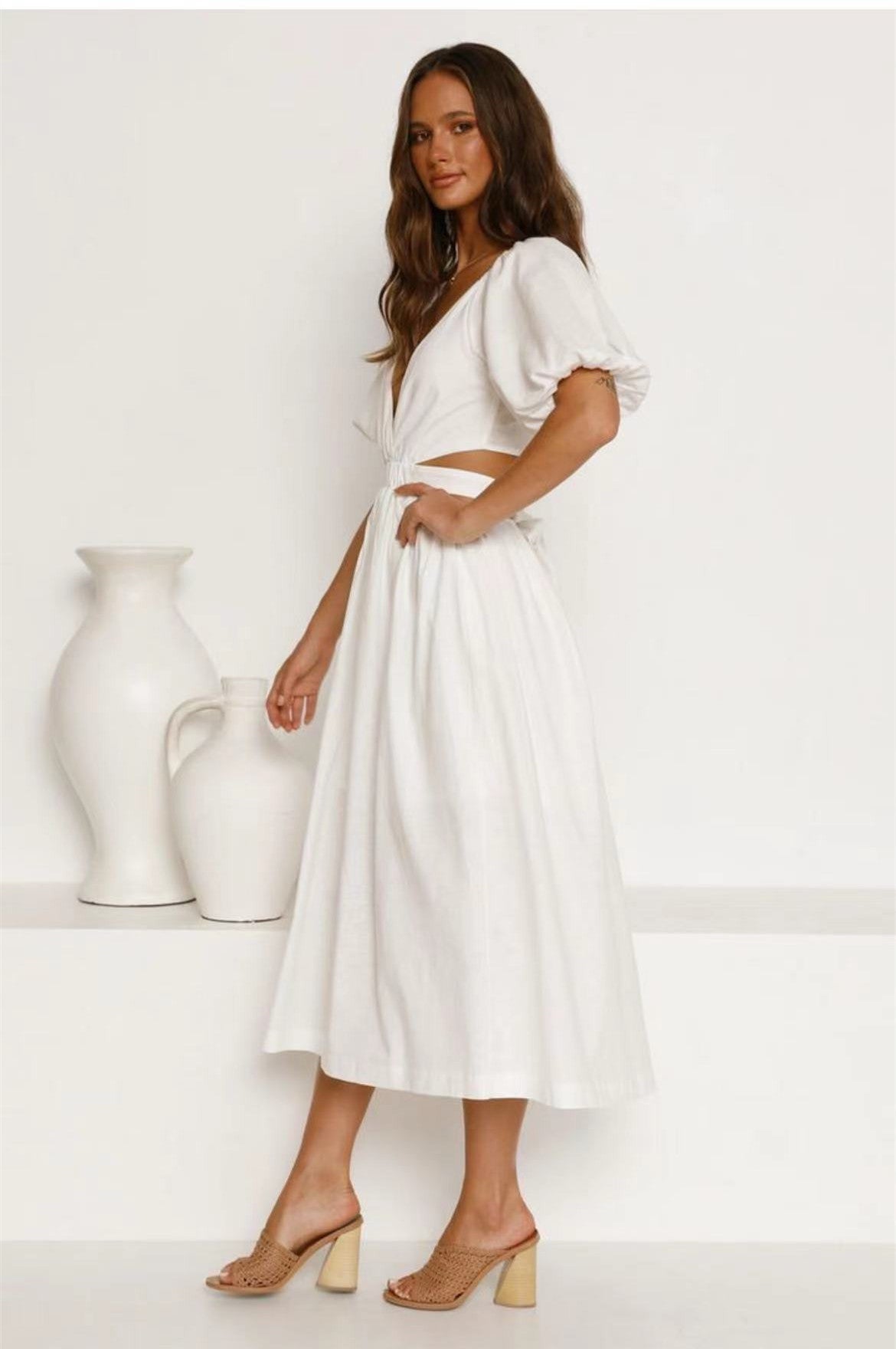 White V-Neck Puff Sleeve Waist Cutout Shirred A-Line Midi Dress 2