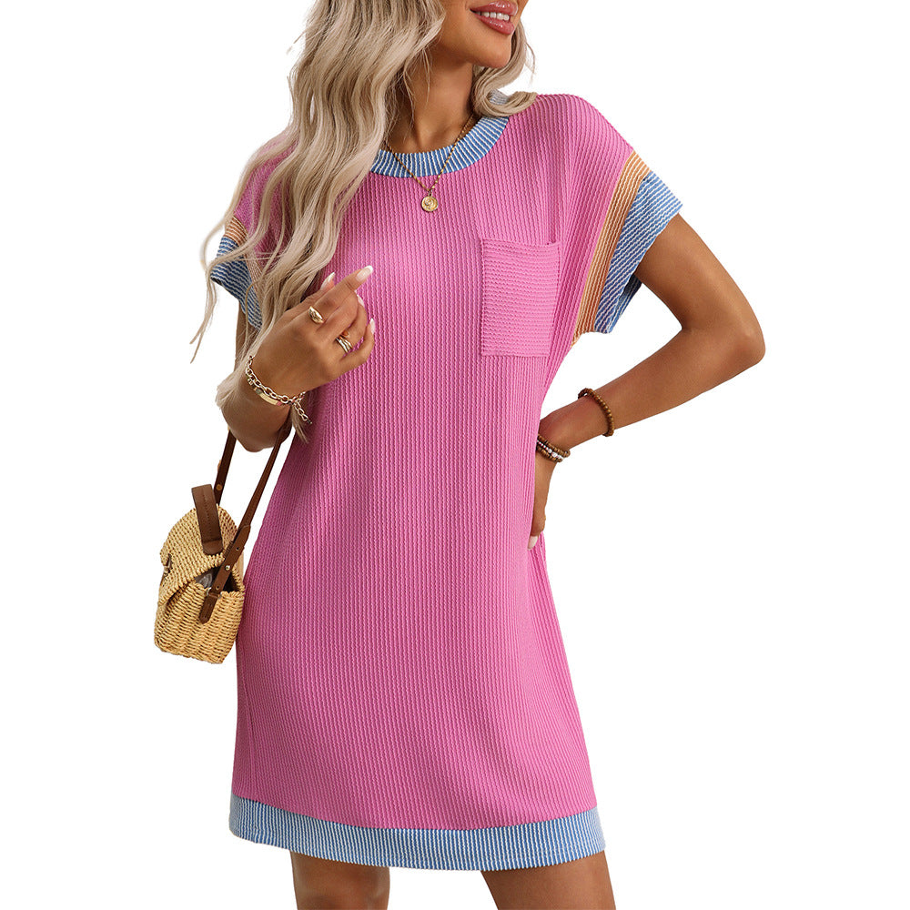 Round Neck Short Sleeve Ribbed Pocket Contrast Trim Shift Mini Dress
